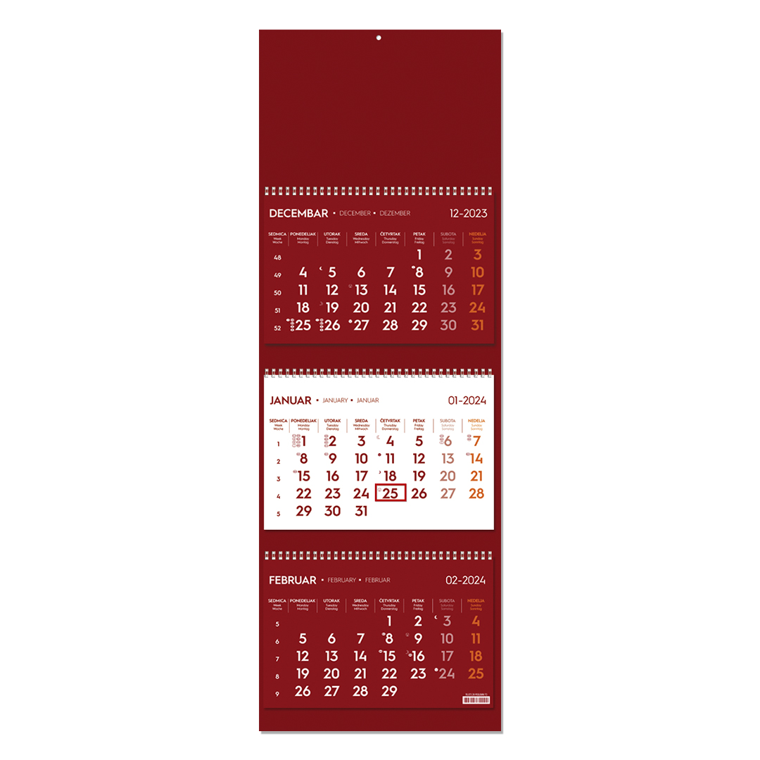 Wandkalender , 3-teilig, 3 x 12 Seiten, Format 23 x 51 cm